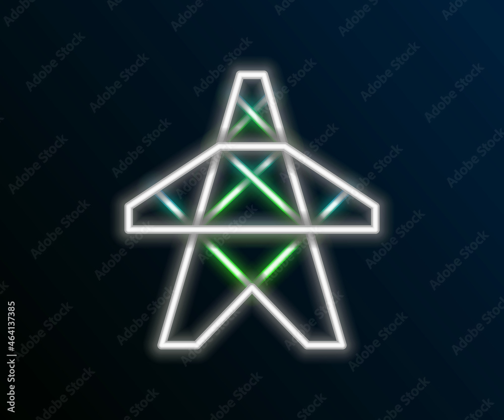 Glowing neon line Electric tower used to support an overhead power line icon isolated on black background. High voltage power pole line. Colorful outline concept. Vector Glowing neon line Electric tower used to support an overhead power line icon isolated on black background. High voltage power pole line. Colorful outline concept. Vector