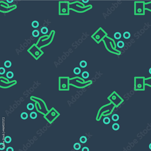 Line People paying tips to service staff in restaurant and hotel icon isolated seamless pattern on blue background. Tips money cash coin hotel resort service. Vector