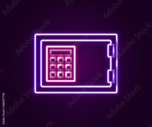 Glowing neon line Safe icon isolated on black background. The door safe a bank vault with a combination lock. Reliable Data Protection. Colorful outline concept. Vector
