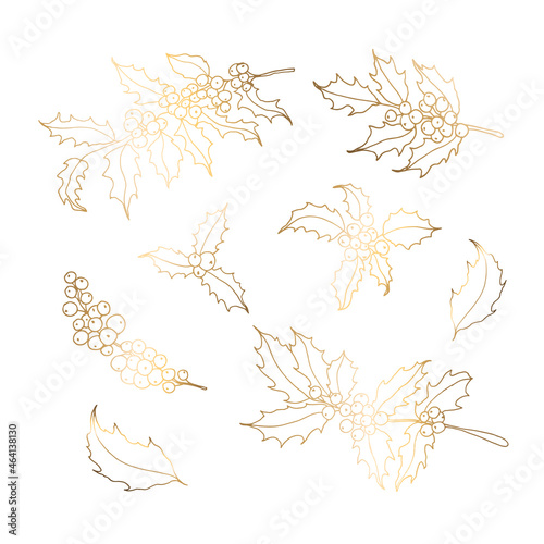 Holly berry icon, linear gold pattern. Christmas shiny symbol. Vector illustration isolated on white background.
