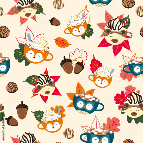 Vector Chocolate and Autumn Leaves seamless pattern on light cream background. Perfect for fabric, scrapbooking, wallpaper projects