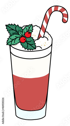 Red and white sweet Christmas cocktail in highball glass garnished with cream, mint, cranberries and sugar candy cane. New Year Eve Holiday doodle cartoon style vector illustration