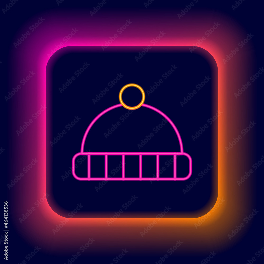 Glowing neon line Winter hat icon isolated on black background. Colorful outline concept. Vector Glowing neon line Winter hat icon isolated on black background. Colorful outline concept. Vector