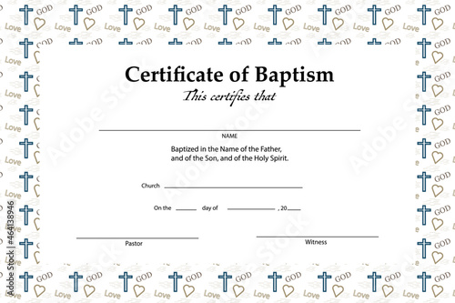 Certificate of baptism template with the inscription God Love and bible symbol pattern seamless. 