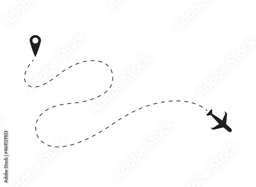 Airplane line route icon isolated on white background. Airplane line route icon for web site, poster, placard, ad, cover and print materials. Airplane line vector illustration