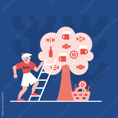 Modern flat vector concept illustration. Craft beer. The bartender, a fan of unusual beer, climbs a candy tree.