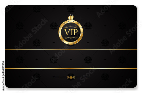 Black gold member card template with pattern and gold emblem. For luxury clubs, boutiques, beauty salons, casinos and other premium establishments. Vector, can be used for web and print.