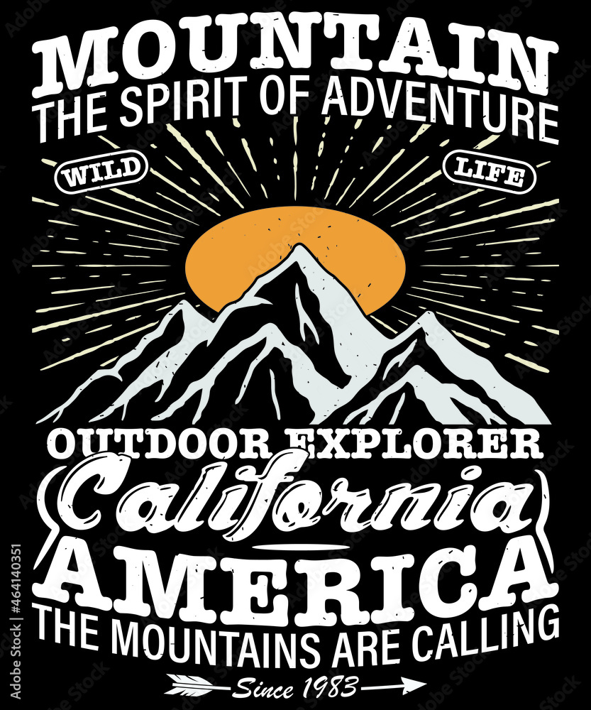 Fully editable vector illustration (Editable AI) and EPS outline Mountain Adventure California T-shirt an image suitable for t-shirt graphic, poster or print design, package contains 4500x5400px