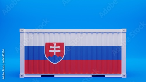 Side View Shipping Container on Blue Background with the National Flag of Slovakia