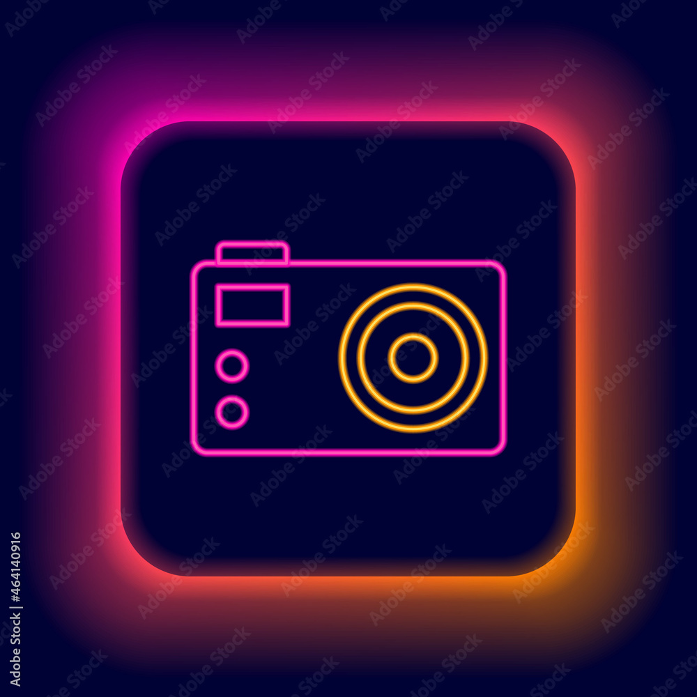 Glowing neon line Photo camera icon isolated on black background. Foto camera. Digital photography. Colorful outline concept. Vector Glowing neon line Photo camera icon isolated on black background. Foto camera. Digital photography. Colorful outline concept. Vector