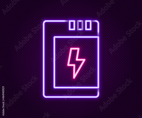 Glowing neon line Battery for camera icon isolated on black background. Lightning bolt symbol. Colorful outline concept. Vector