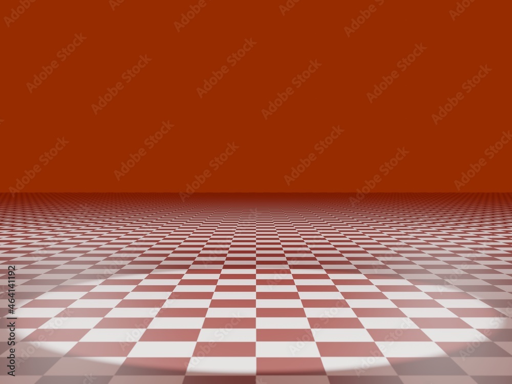赤のチェックの床にすポットライトと遠近法の空間。赤背景
