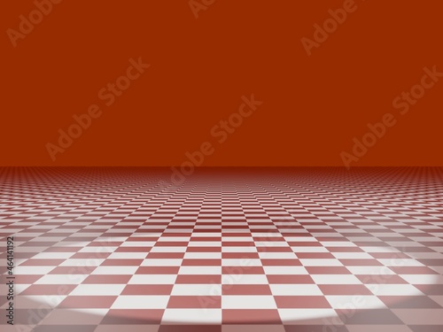 赤のチェックの床にすポットライトと遠近法の空間。赤背景
