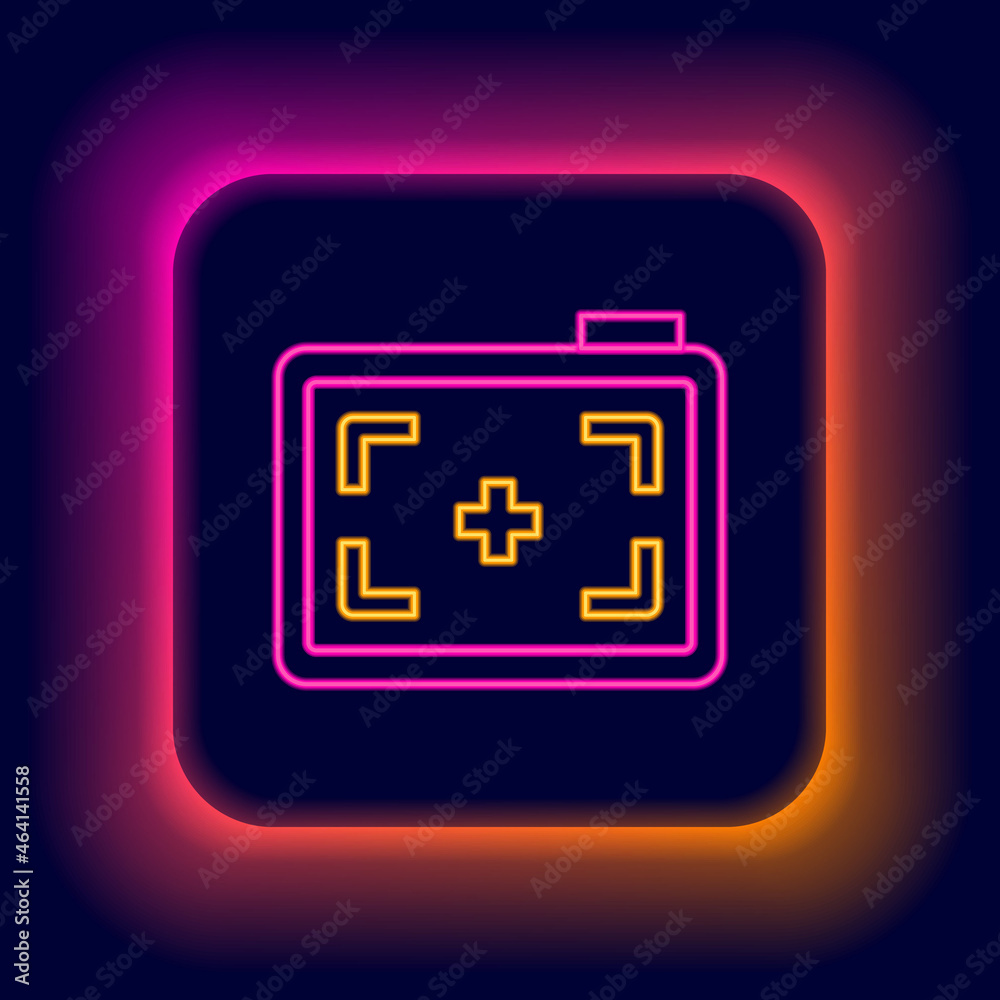 Glowing neon line Photo camera icon isolated on black background. Foto camera. Digital photography. Colorful outline concept. Vector Glowing neon line Photo camera icon isolated on black background. Foto camera. Digital photography. Colorful outline concept. Vector