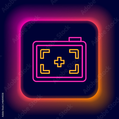 Glowing neon line Photo camera icon isolated on black background. Foto camera. Digital photography. Colorful outline concept. Vector