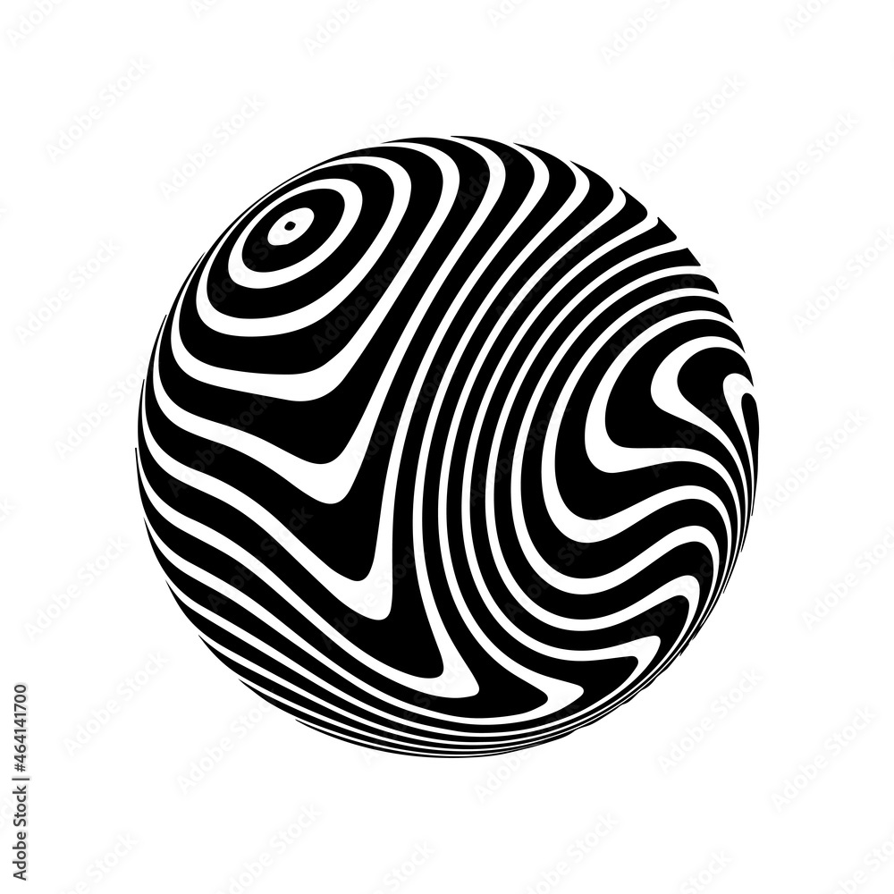 Optical illusion on 3d sphere. Sphere of stripes. Illusion effect. Black and white 3d art. Vector illustration. Optical illusion on 3d sphere. Sphere of stripes. Illusion effect. Black and white 3d art. Vector illustration.