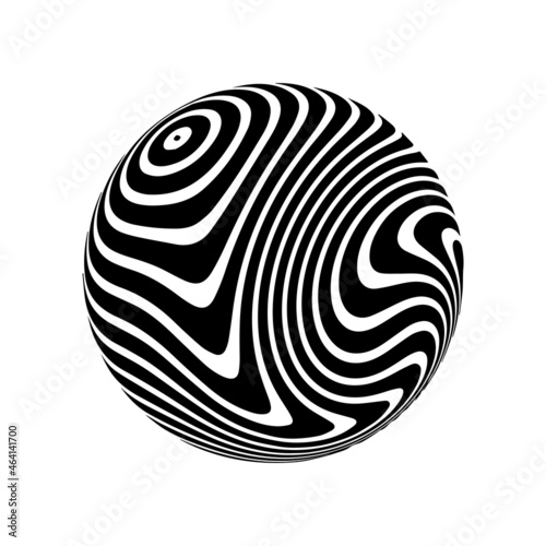 Optical illusion on 3d sphere. Sphere of stripes. Illusion effect. Black and white 3d art. Vector illustration.