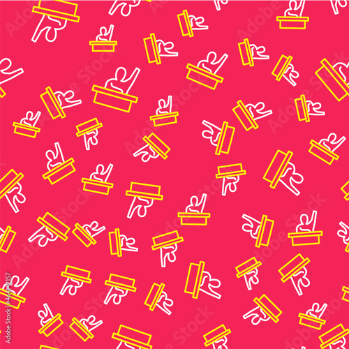 Line Active male kid raising hand answering to teacher question icon isolated seamless pattern on red background. An elementary student raises his hand. Vector