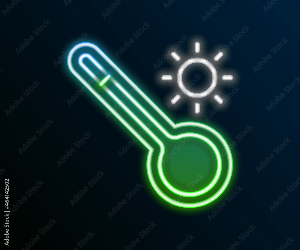Glowing neon line Meteorology thermometer measuring heat and cold icon isolated on black background. Thermometer equipment showing hot or cold weather. Colorful outline concept. Vector Glowing neon line Meteorology thermometer measuring heat and cold icon isolated on black background. Thermometer equipment showing hot or cold weather. Colorful outline concept. Vector
