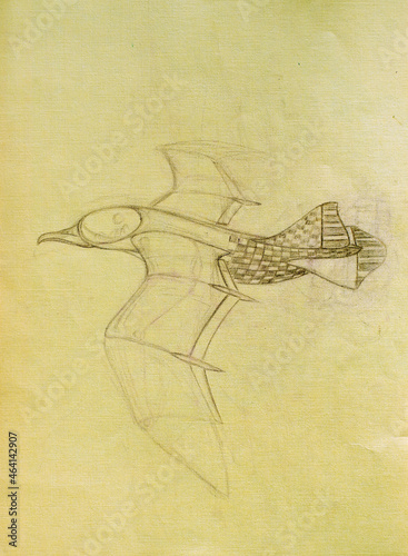 Concept of a fantasy aircraft vehicle, pencil on paper