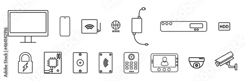 Security systems icon set isolated on white background. Video surveillance, Intercom, access control system.