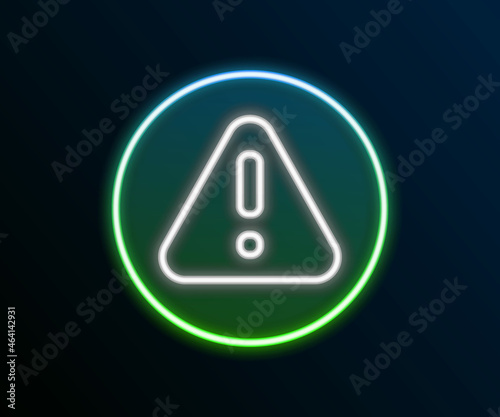 Glowing neon line Exclamation mark in triangle icon isolated on black background. Hazard warning sign, careful, attention, danger warning important. Colorful outline concept. Vector