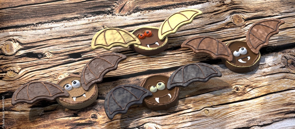 Halloween bat cookies on wooden background - 3D illustration - obrazy, fototapety, plakaty 