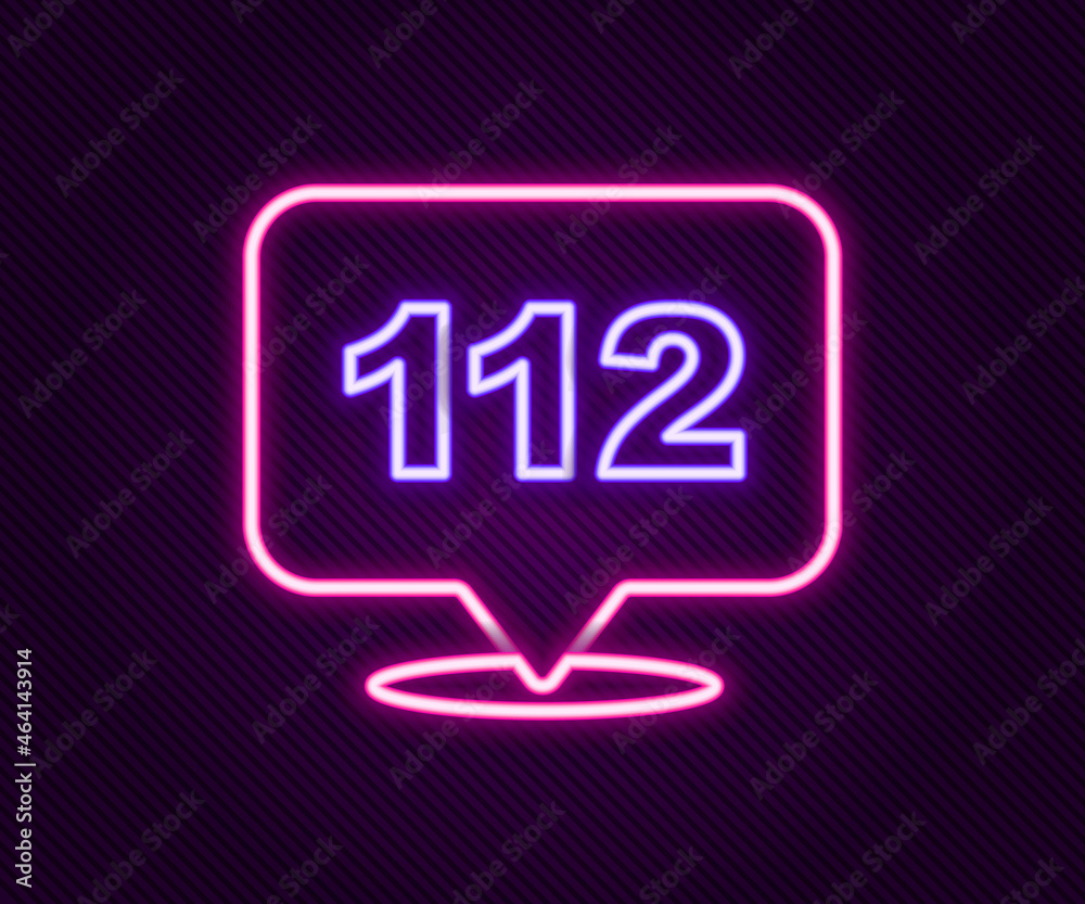 Glowing neon line Telephone with emergency call 112 icon isolated on black background. Police, ambulance, fire department, call, phone. Colorful outline concept. Vector Glowing neon line Telephone with emergency call 112 icon isolated on black background. Police, ambulance, fire department, call, phone. Colorful outline concept. Vector