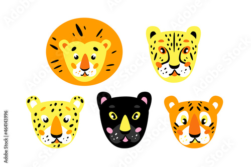 Animal heads. African cats: lion, cheetah, leopard, panther, tiger. Childrens cartoon illustration