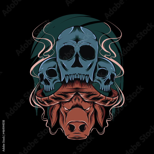 scary buffalo head and skull illustration for t-shirt design and print