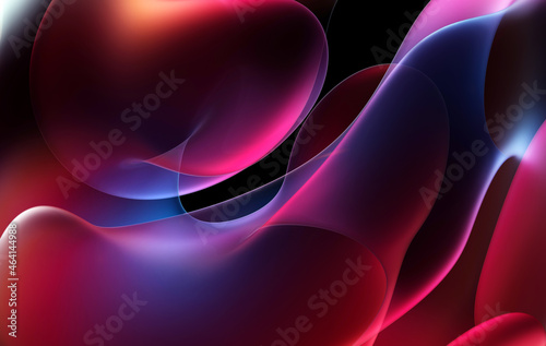 3d render of abstract art 3d background with part surreal alien flower in curve wavy organic elegance biological lines forms in transparent glowing material in purple red and purple gradient color