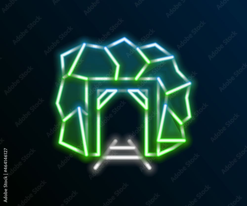 Glowing neon line Mine entrance icon isolated on black background. Colorful outline concept. Vector Glowing neon line Mine entrance icon isolated on black background. Colorful outline concept. Vector