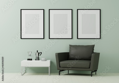 Group of the picture frame on the wall in the modern green living room with sofa and furniture. 3d rendering.