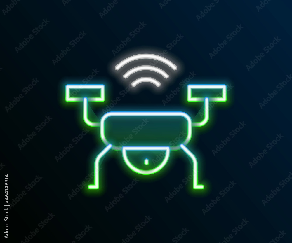 Glowing neon line Smart drone system icon isolated on black background. Quadrocopter with video and photo camera symbol. Colorful outline concept. Vector Glowing neon line Smart drone system icon isolated on black background. Quadrocopter with video and photo camera symbol. Colorful outline concept. Vector