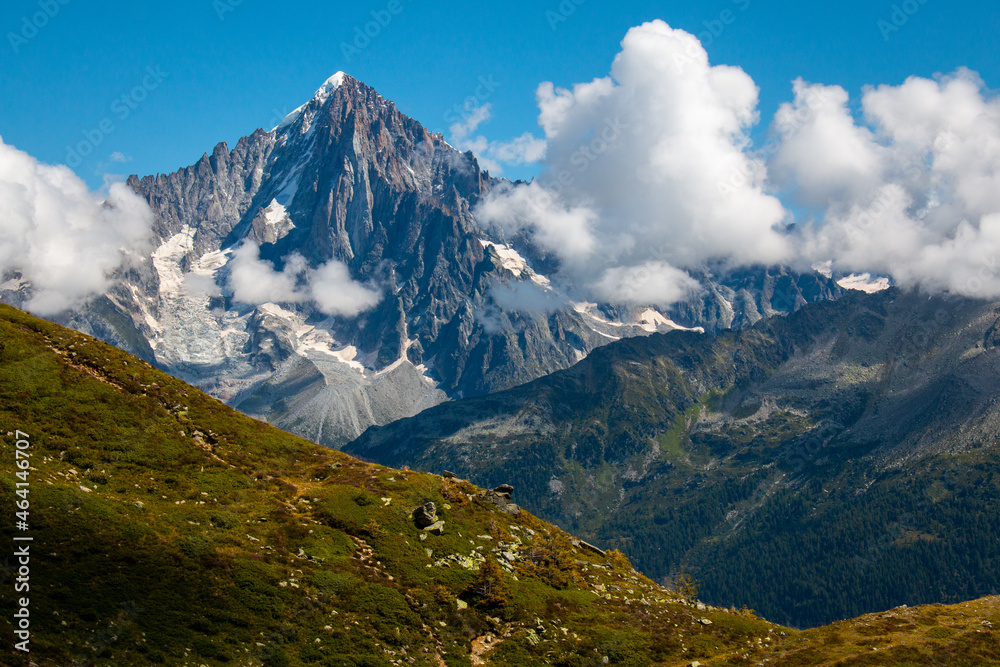 The view towards the Massif du Mont Blanc from a hiking trail between Refuge de Bellachat and Aiguillette des Houches (near Chamonix and Les Houches), September 2021.