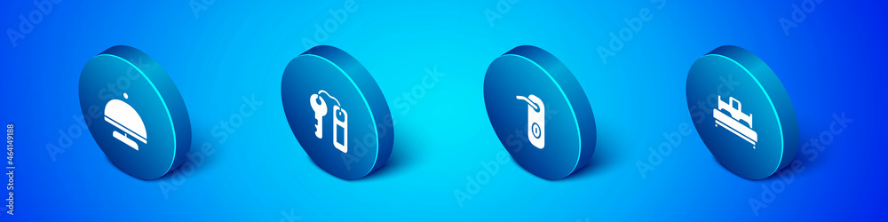 Set Isometric Covered with tray, Door handle, Bedroom and Hotel door lock key icon. Vector Set Isometric Covered with tray, Door handle, Bedroom and Hotel door lock key icon. Vector