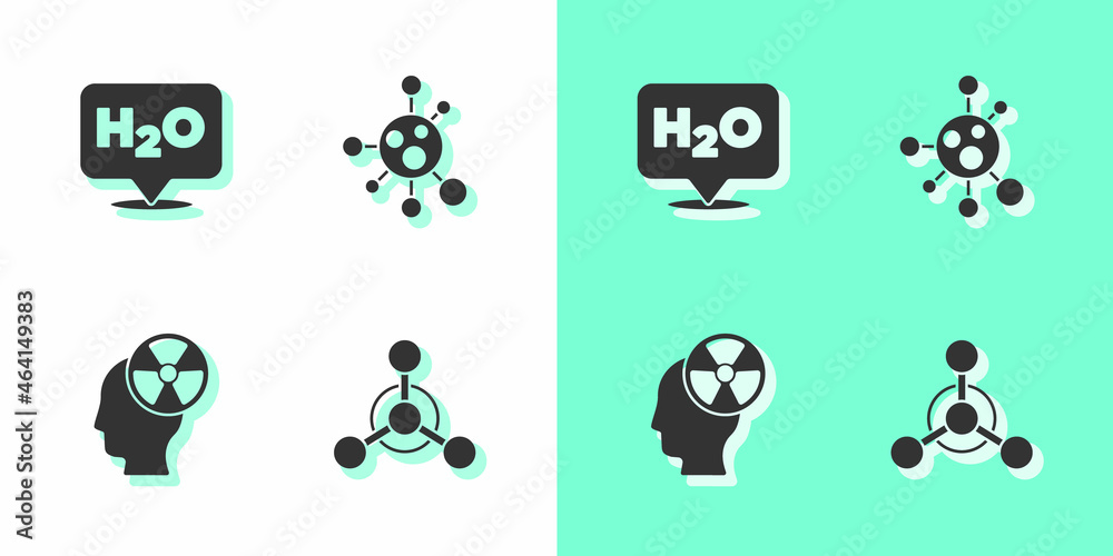 Set Molecule, Chemical formula for H2O, Head and radiation symbol and icon. Vector Set Molecule, Chemical formula for H2O, Head and radiation symbol and icon. Vector