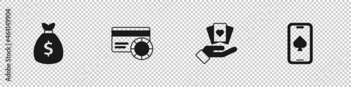 Set Money bag, Credit card, Hand holding playing cards and Online poker table game icon. Vector