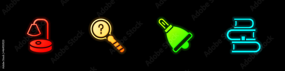 Set Table lamp, Unknown search, Ringing bell and Book icon. Vector Set Table lamp, Unknown search, Ringing bell and Book icon. Vector