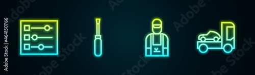 Set line Car settings, Screwdriver, mechanic and transporter truck. Glowing neon icon. Vector