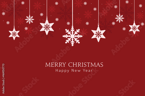 Merry Christmas greeting card, design of xmas with snowflakes hanging on red christmas background.
