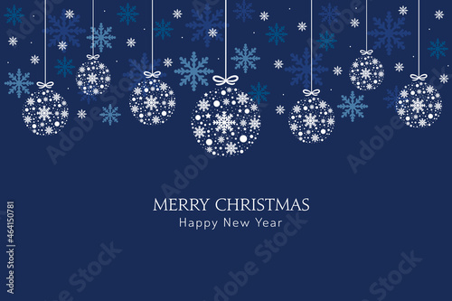 Blue Christmas background with snowflakes hanging. Vector design of winter holidays. Merry Christmas and Happy New Year greeting card.