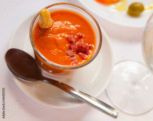 Salmorejo, traditional spanish appetizer, puree consisting of tomato and bread