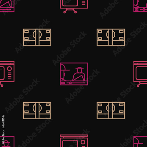 Set line Retro tv, Stacks paper money cash and Online play video on seamless pattern. Vector