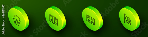 Set Isometric line London eye, Pound sterling money, Flag of Great Britain and England flag flagpole icon. Vector