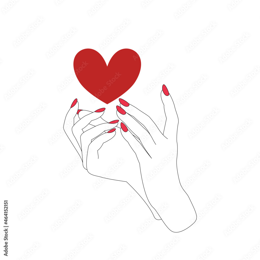 Kobiece dłonie trzymające czerwone serce. Koncept miłości, przyjaźni, dobroczynności, darowizny. Minimalistyczny design na walentynki, kartki okolicznościowe, wesele, małżeństwo. Ilustracja wektorowa. - obrazy, fototapety, plakaty 