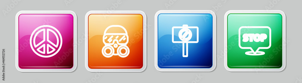 Set line Peace, Gas mask, Protest and . Colorful square button. Vector Set line Peace, Gas mask, Protest and . Colorful square button. Vector