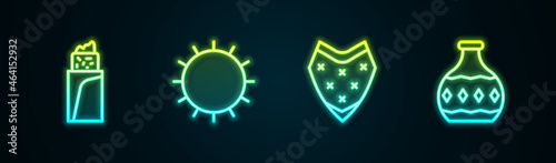 Set line Burrito  Sun  Poncho and Tequila bottle. Glowing neon icon. Vector