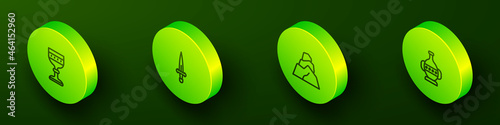 Set Isometric line Medieval goblet, Dagger, Rock stones and Ancient amphorae icon. Vector