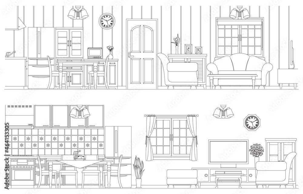 Obraz premium インテリアの線画ベクターイラスト. キッチン. リビングルーム. ダイニングルーム.